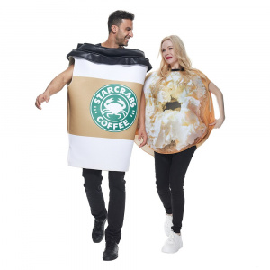 Eraspooky Halloween Party Couple Costume Funny Adult Bagel And Coffee Costume Donut Coffee Cup Cosplay Outfit Carnival 2pcs Set