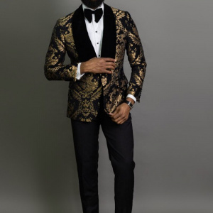 2 Piece Black Floral Jacquard Prom Men Suits Slim fit with Velvet Shawl Lapel Wedding Groom Tuxedo Male Fashion Clothes