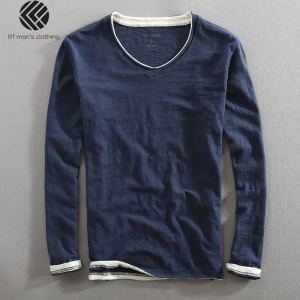 Men Spring Autumn Fashion Brand China Style Bamboo Cotton Fake Two Pieces V-neck Long Sleeve T-shirt Male Casual Thin Tee Tshirt