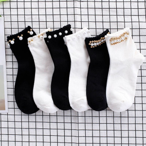 Black/White Korean Reto Pearl Socks Women Elastic Cotton Handmade Meias Creative Socks Harajuku Calcetines Mujer
