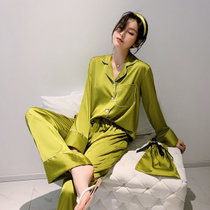 Daeyard Silk Pajama Sets For Women Luxury Long Sleeve Pyjamas Sleepwear Oversize 2 Pcs Button UP Pijama With Bags Sexy Homewear