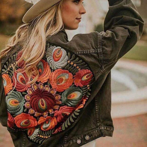 Floral Embroidered Spring Autumn Vintage Loose Denim Jackets for Women