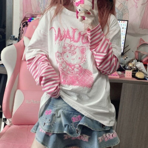 Hello Kitty T Shirt Spring Autumn Fake Two Striped Long Sleeve T-shirt Girl Harajuku Print Tshirt Loose Student Top Graphic Tee