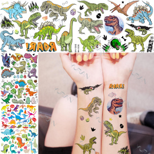 Realistic Roaring Dino Temporary Tattoos Sticker For Boys Girls Flash Jurassic Tattoo Cute Fake Cartoon Body Art Tatoos For Kids