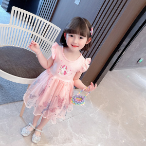 Flying Sleeve Unicorn Printed Princess Dresses for Baby Girls