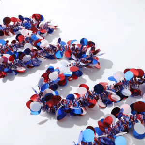 Red White Blue Circle Tinsel Festooning Mixed Color Metallic Chunky Glitter Garland for Independence Day Decoration