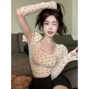Square Neck Heart-shaped Printed Puff Sleeve T-shirt Women 2022 Summer New Sweet Pit Cloth Slim-fitting Crop Tops with Sleeves