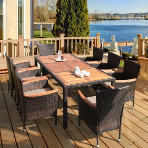 9 Pieces Rattan Dining Set with Acacia Wood Table and Stackable Cushioned Chairs