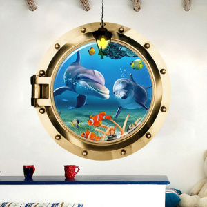 Fake 3D Submarine Window Seabed Animals Wall Sticker for Home Decoration