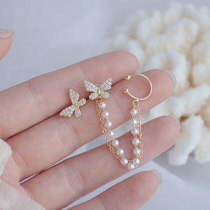 Korean Temperament Pearl Butterfly Ear Bone Clip Earrings 14k Real Gold Bling Delite Zircon Earring Wedding Bridal Jewellery