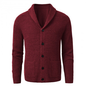 Men's Shawl Collar Cardigan Sweater Slim Fit Cable Knit Button up Black Merino Wool Sweater