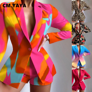 CM.YAYA Women's Set Elegant Blazer Tops and Shorts Suit Matching Two 2 Piece Set Office Lady INS Leopard Chian Tie Dye Outfits