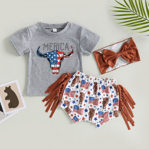 Lioraitiin 0-3Years Toddler Girl 3Pcs Clothing 4th of July Outfits Short Sleeve Cow Print Tops Shorts Headband Set