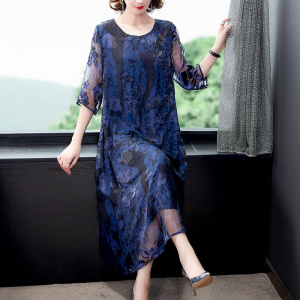 Summer 2023 Blue Jacquard Natural Silk Maxi Spring Casual Loose Midi prom Dress Elegant Bodycon Party Evening Vestidos