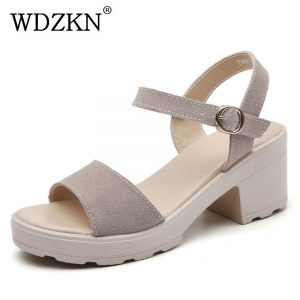 WDZKN Fashion Sandals Women Open Toe Cow Suede Thick Heel Sandals Buckle Casual High Heel Shoes Sandalias Mujer