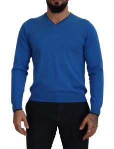 Blue Cotton V-Neck Knitted Men Pullover Sweater