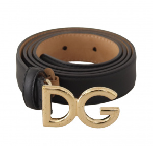 Black Leather Gold Tone DG Logo Metal Buckle Belt