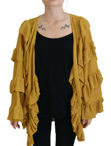 Gold Long Sleeves Ruffled Women Cardigan Sweater