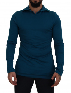 Blue Cotton Collared Slim Pullover Sweater