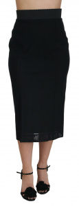 Black Nylon Pencil Cut High Waist Midi Skirt