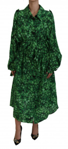 Green Leaves Print Silk Trench Coat Jacket