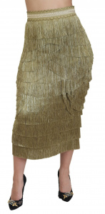 Gold Tiered Metallic Fringed Midi Silk Skirt