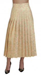 Beige Floral Jacquard Pleated Midi Skirt