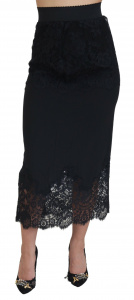 Black Silk Floral Lace High Waist Midi Skirt