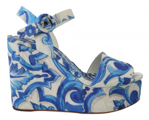 White Blue Majolica Wedges Sandals Shoes