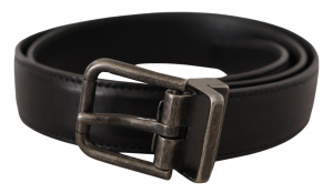 Black Calf Leather Logo Metal Buckle Belt