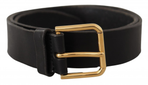 Black Leather Gold Tone Logo Metal Buckle Belt