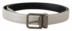 White Leather Black Chrome Logo Buckle Belt