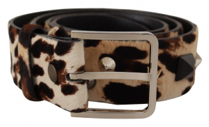 Brown Leopard Print Studded Leather Metal Buckle Belt