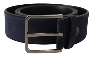 Navy Blue Velvet Leather Silver Logo Buckle Belt