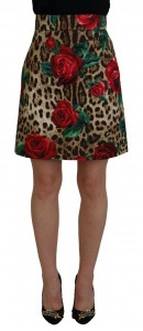 Brown Cotton Leopard Rose Print Mini Skirt