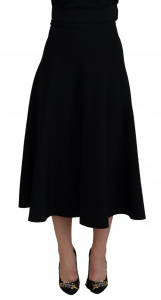 Black Viscose High Waist A-Line Midi Skirt