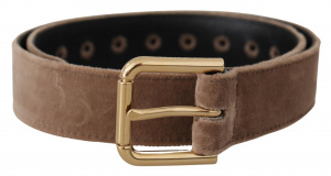 Light Brown Velvet Gold Tone Logo Metal Buckle Belt