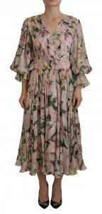 Pink Lily Print Silk A-line Pleated Maxi Dress