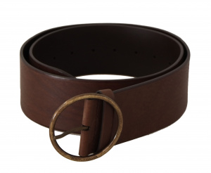 Brown Leather Wide Waist Logo Metal Round Buckle Belt