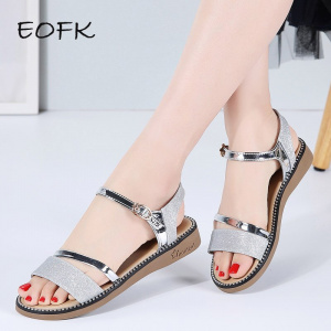 EOFK Women Sandals New for Women Flat Shoes Bright Glitter Ladies Flats Sandals Shinny Silver Fashion Open