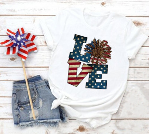 4th of July Vintage T Shirts Love Sunflower Women's Tank Tops Short Sleeve Graphic Tee Casual July Fourth Outfits Clothes