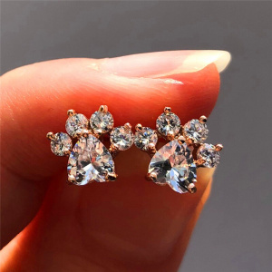 Female White Blue Opal Stone Stud Earrings Rose Gold Wedding Jewelry Boho Small Dog Cat Paw Claw Earrings For Women