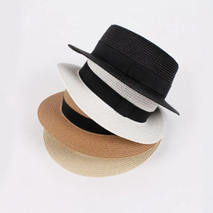 New women's hat Ribbon Straw Sun Hat Breathable Large Brim Beach Boater Beach Ribbon Round Flat Top Hat For Women