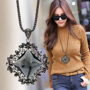 Vintage Initial Crystal Square Long Pendant Necklace Women New Fashion Jewelry Wholesale Sweater Necklaces