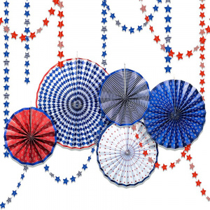 Independence Day Party Decor Red Blue Paper Folding Fan Flowers Wall Backdrop Stars Garland USA Birthday Decorations