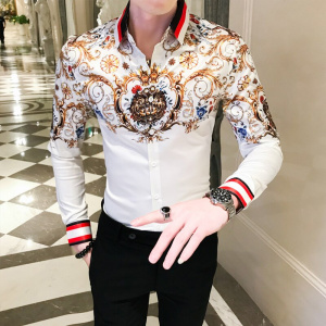 Gold Printed Shirt 2020 Spring Brand Men's Striped Long-Sleeved Shirt Men Social Clothing Club Prom Shirt Slim Men's Streetwear