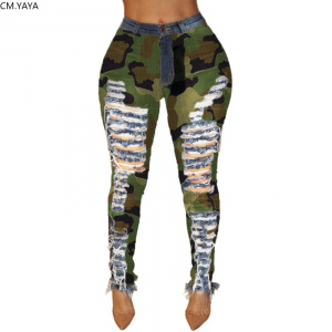 2019 New Autumn Winter Female Denim Pants Women Skinny Hole Spliced Camouflage Print Jeans Sexy pencil Bandage Trousers HSF2096