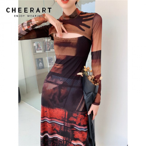 Ladies Dress Turtleneck Runway Mesh Long-Sleeve Midi Bodycon Fashion-Designer CHEERART