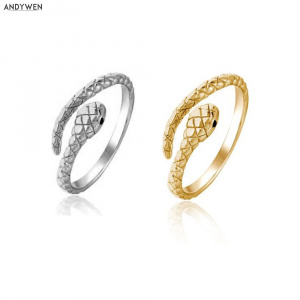 ANDYWEN 925 Sterling Silver Gold Snake Resizable Ring Adjustable Animal Women Luxury Rock Punk Slim Circle Round Jewelry