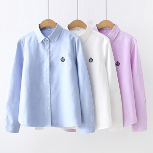 Blouses Woman Fashion Spring New Women Youth Simple Solid Color Embroidery Long Sleeve Shirt Cotton Casual Lady Blouse Tops
